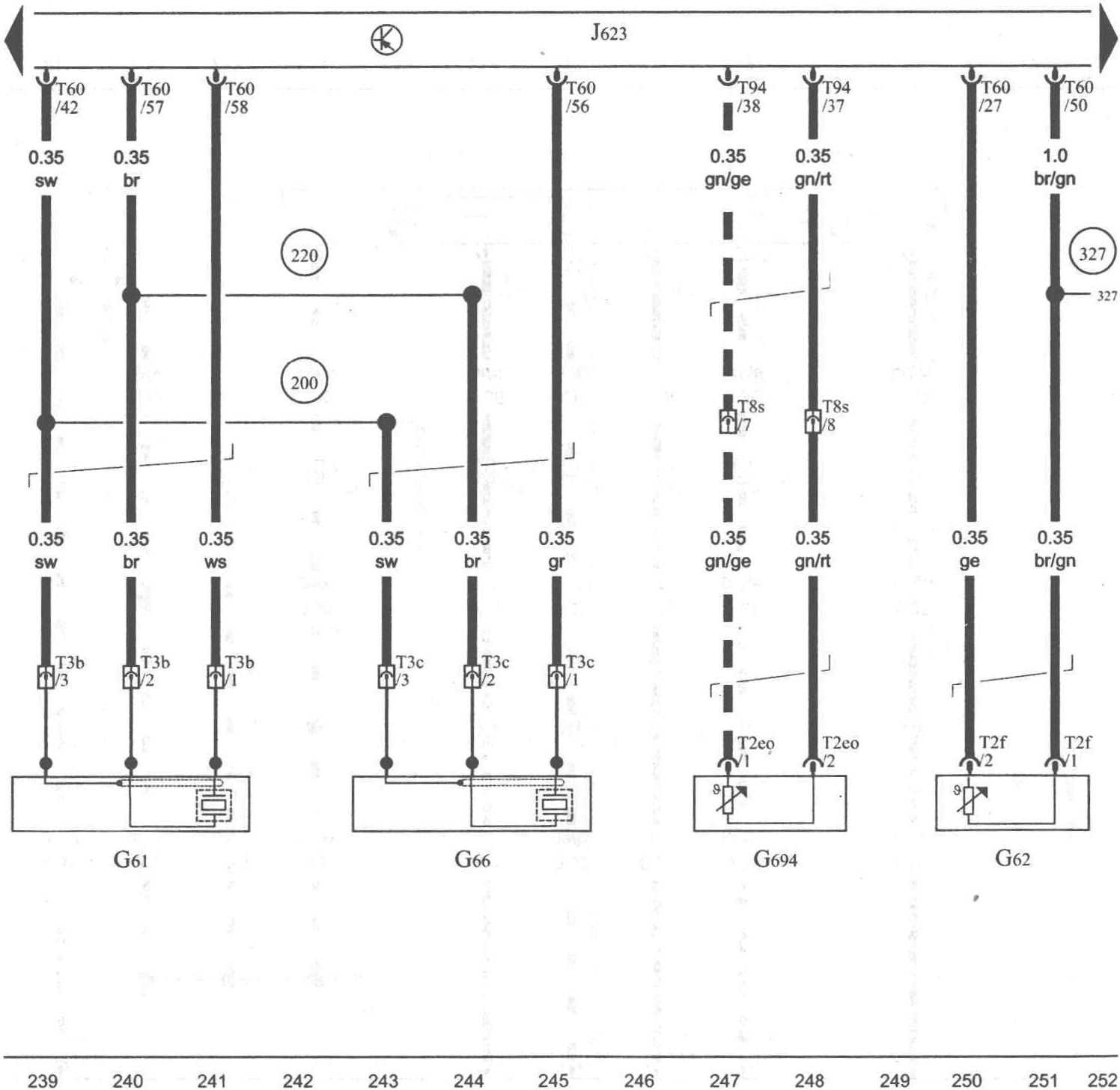 圖1-1-46 爆震傳感器1、冷卻液溫度傳感器、爆震傳感器2、發(fā)動機溫度調(diào)節(jié)裝置的溫度傳感器、發(fā)動機控制單元